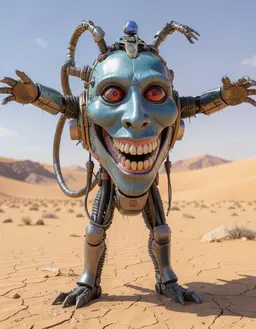 robomonster in an open desert, rendered in a stacked vertical layout with tightly compressed layers from bottom to top, flattening depth and creating urgent claustrophobia; the figure throws both arms out wide, captured mid‑reach, full body, from a straight‑on frontal close‑up shot.