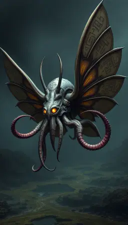 **Identity / Type:** Cephalopod hybrid, chitinous exoskeleton, lepidopteran winged appendages, octopoid tentacles, anthropomorphic facial structure, Cthulhuian eldritch taxonomy **Pose & Gesture:** Dynamic action pose, three-quarter view, wings fully extended laterally, tentacles curled in active suspension, vertical orientation, floating mid-water **Distinctive Features:** Carved basalt-like dermal plates, glowing amber irises, bioluminescent runes inscribed on carapace and wings, segmented cephalic horns, iridescent iridophores, mechanical aesthetic, arcane symbology **Clothing or Equipment:** None **Scale & Proportion:** Monumental scale, elongated wingspan relative to cephalic mass, foreshortened tentacles, stylized proportions, exaggerated wing-to-body ratio
