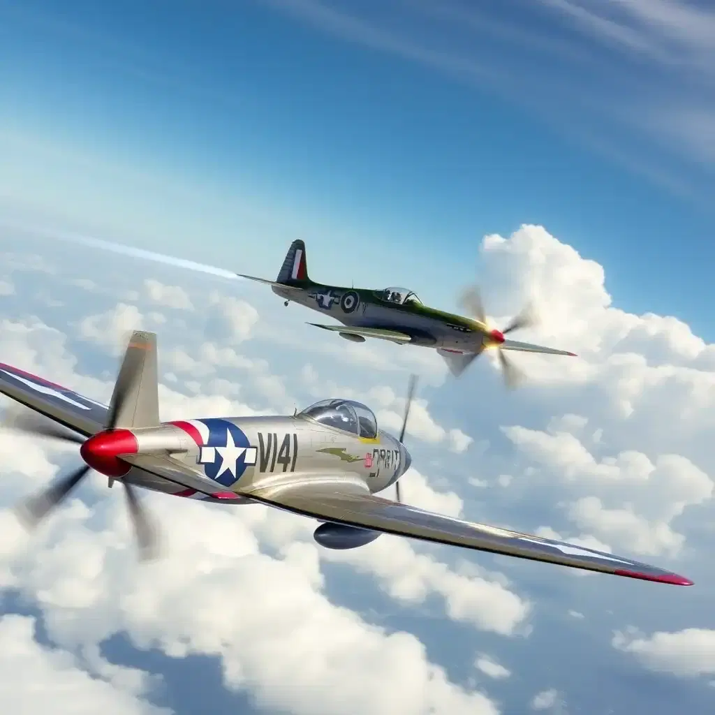 A high-speed dogfight between two vintage fighter jets over an ocean. One plane performs a tight barrel roll while the other fires tracer rounds. The scene is full of motion, with vapor trails streaking behind the jets and dramatic clouds in the background.
