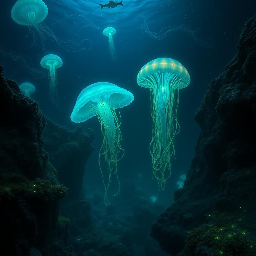 A mystical deep-sea realm untouched by humanity, where colossal bioluminescent creatures drift through the eternal darkness. Massive jellyfish pulse with neon colors, their tendrils stretching for miles. Ancient, submerged ruins hint at a lost civilization, their structures encrusted with coral and glowing moss. Strange, anglerfish-like predators cast eerie blue-green lights as they stalk their prey. The water is thick with tiny, glowing particles, creating an atmosphere of otherworldly wonder. The deeper one goes, the more surreal the world becomes, with creatures and landscapes that defy the imagination.