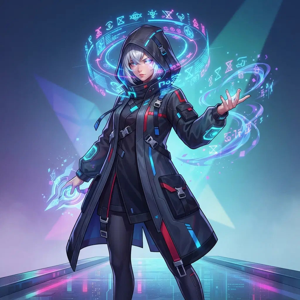original character: a hooded psychic in a long techwear coat with floating holographic glyphs orbiting her head, high-gloss urban supernatural anime game art, clean soft gradient studio background, vibrant, crisp high detail, digital illustration