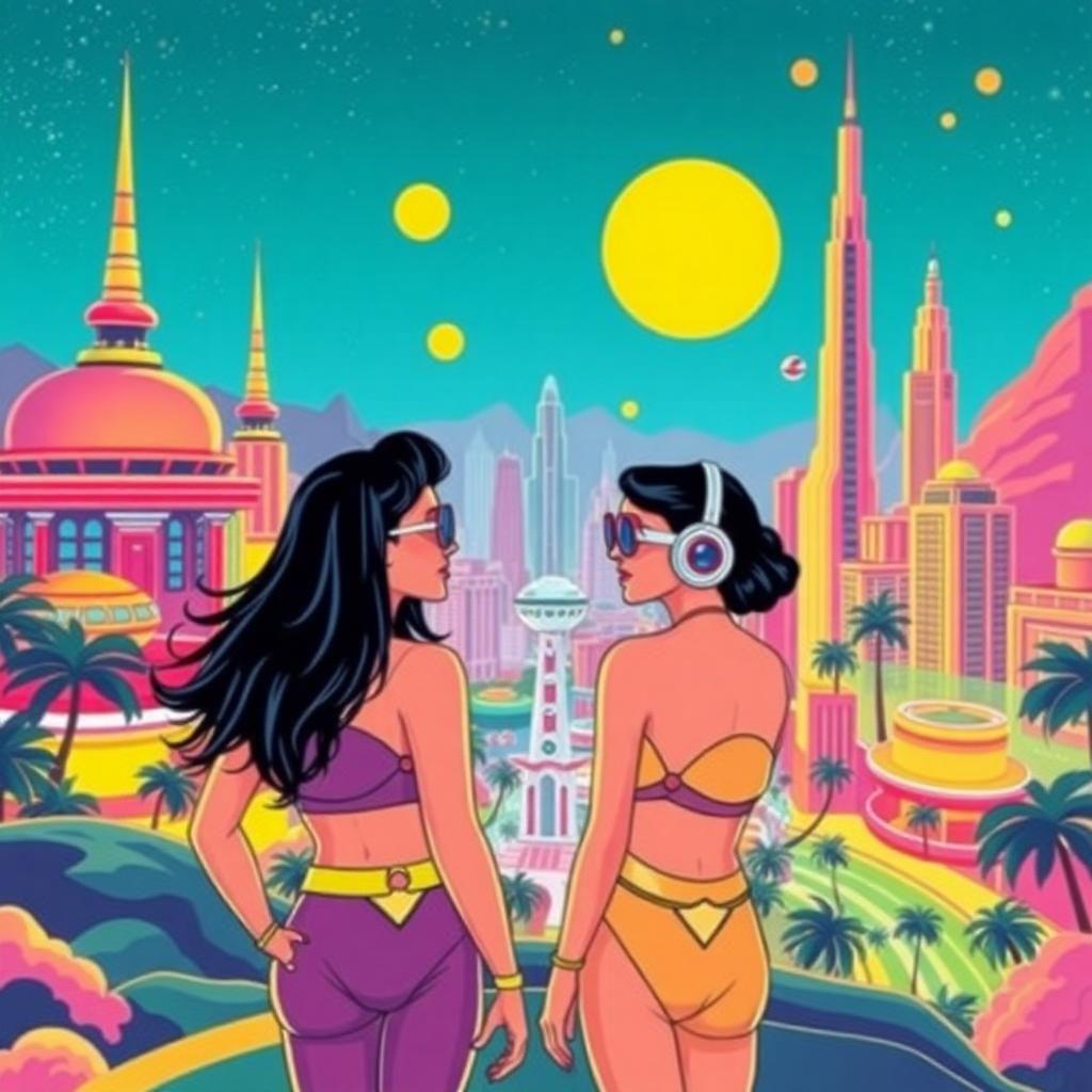 Illustrate a futuristic celebration of retro design, with human figures illustrated in bold pop art colors, set against a shimmering city that mirrors an explorer's paradise from another era. The vibrancy encapsulates a society that blends the ideals of futuristic optimism with timeless style.