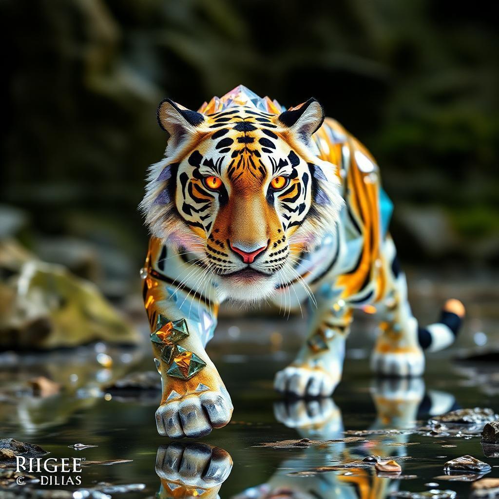 Journey to the prismatic lands where a legendary crystal tiger strides through reflective terrain. Its skin, a living cascade of glittering facets, encapsulates entire worlds within each crystalline frame. The tiger's eyes, fierce and knowing, burn like twin suns. With every step, it reshapes reality around it, bending the light of existence to its own majestic design.