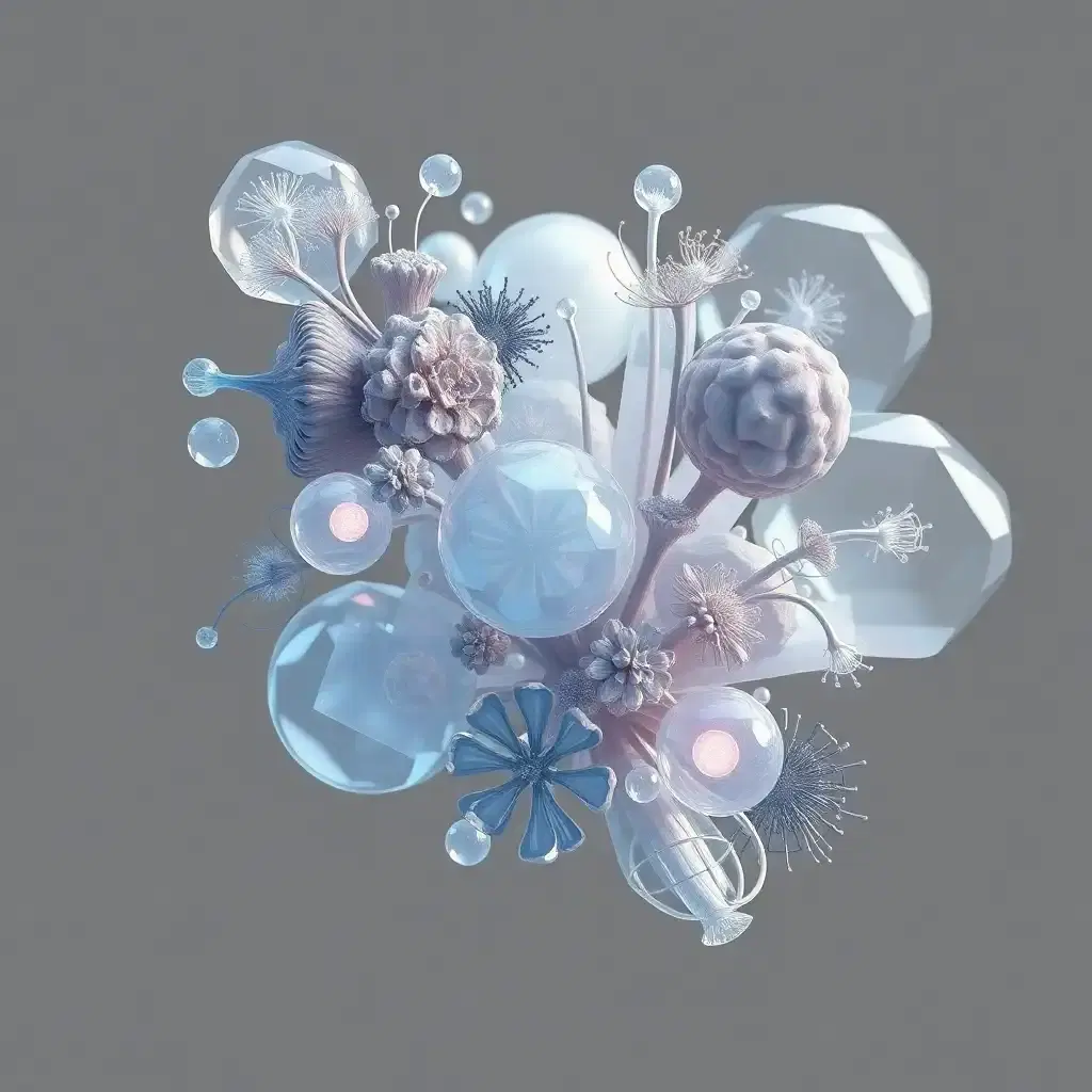 high-quality 3D render of an abstract composition containing biomorphic forms and geometric transparent shapes. The shapes vaguely resemble underwater creatures, fungus, and plants. The composition is hovering in the middle without gravity. Some elements emit a soft, rhythmic pulsation, as if they are alive, glowing and expanding slightly in an organic manner.