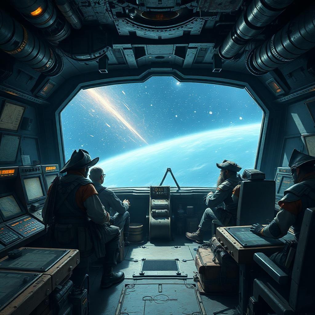 Inside the control room of a space pirate ship, the atmosphere is tense and chaotic. Pirate crew members, wearing a mix of tattered clothing and armored gear, work at various stations, monitoring star charts and tracking enemy ships. The control panels are old and worn, with flickering lights and patched-up machinery. Through the large viewport, the vastness of space can be seen, with distant stars and passing comets. The ship's interior is filled with rough, utilitarian furnishings, and the hum of the ship’s engines is constant in the background.