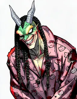 character portrait of male, a dragon with a long snout, emerald and gold scales, large curved horns and leathery wings folded behind the shoulders, waist-up, facing the viewer, fully clothed, A LOT OF LONG BLACK BRAIDS, both glowing white, lighter, long devil dragon silver horns, remove the duck, INSANE SCARY MAKE HIM HAVE BLOODY PINK HELLO KITTY PJS ON WITH HELLO KITTYS HEAD EVRY WERE ON THE PJS, in the style of Rick and Morty, faithful to its official art style, vivid saturated colors, head and shoulders, facing forward, plain flat white background