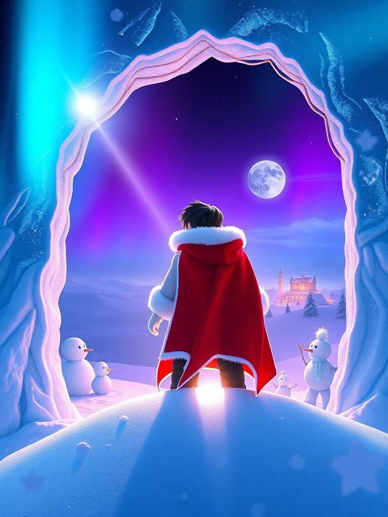 a roblox hero stands atop an icy, snow-crowned mountain, surrounded by a breathtaking aurora of deep blues and purples. icy light shines down, casting an ethereal glow on the hero, who is framed by a delicate, frost-etched archway with intricate, copper circuits. the light illuminates the hero's long, white fur-lined coat and vibrant, scarlet cape, and showcases their confident pose. through the archway, a serene winter landscape unfolds, with gently rolling snowdrifts, frozen statues of snowmen, and small, light-dusted trees, all bathed in a soft, moonlit glow. thin, wispy clouds drift across the sky, catching the light and casting fleeting silhouettes on the snow below. in the distance, a snow-capped village basks in a soft, warm light, with small, lantern-lit windows twinkling like stars. delicate, iridescent snowflakes dance through the air, leaving trails of glittering magic behind them. the hero's moment is caught in a brilliant beam of light, as if the winter world is celebrating their triumphant return with a breathtaking display of color and wonder. the atmosphere is peaceful and mystical, with a sense of anticipation and possibility. the style is reminiscent of a winter wonderland, with a mix of soft, pastel colors and bold, icy blues.