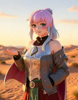 Jenna knive. An open desert at golden hour. Jenna knive is holding a hand out flat, palm up. A single whole figure, face in view, clear of everything else in the frame.