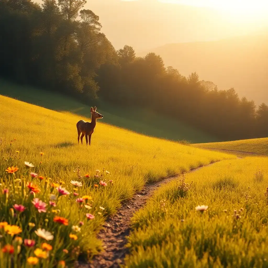 a tranquil meadow bathed in the warm, golden glow of late afternoon light, with delicate, swirling patterns of light dancing across the landscape. wildflowers of every color, their petals as vibrant as a child's imagination, sway in the gentle breeze, and a narrow dirt path winds through the rolling hills, inviting little explorers to discover the secrets within. a lone deer stands at the edge of the trees, its ears twitching with curiosity as it watches the horizon, its large, shining eyes full of wonder. the scene is peaceful, a perfect moment frozen in time, capturing the raw beauty of nature's untouched splendor, as if plucked from the pages of a treasured children's tale.