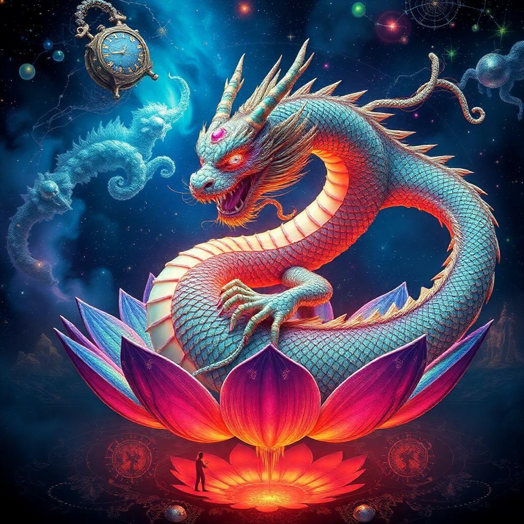 "a bejeweled lotus dragon coiled within a kaleidoscopic nebula of sapphires, emeralds, and rubies, its scales glimmering like diamonds, opals, and moonstones, yet its normally majestic form now appears frayed and knotted as if it has been consumed by a vast, snaking tangle of glittering, iridescent yarn. the dragon's eyes blaze with a fiery, sapphire-blue inferno, casting a dazzling, otherworldly aura. beneath the lotus, a void like a dark, velvety onyx pool reflects a surrealist dreamscape: melting spires of crystal, dripping jade clocks, and ghostly figures dancing amidst a tapestry of glittering, filigree-like constellations, as if they too have been ensnared by the dragon's twisted, yarn-like coils. the dragon's plumage oscillates between rising aurora borealis and setting amethyst suns, as its gentle, mystical roar echoes through a haze of rainbow-colored, gemstone-encrusted mist, with diamonds and pearls suspended in mid-air like a celestial ballet."