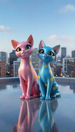 polka dot cat pair‑fa on a city rooftop, smooth polished texture, glossy satin‑like sheen, sleek reflective surfaces, soft elongated highlights, cool immaculate finish, gliding, eye‑level view.