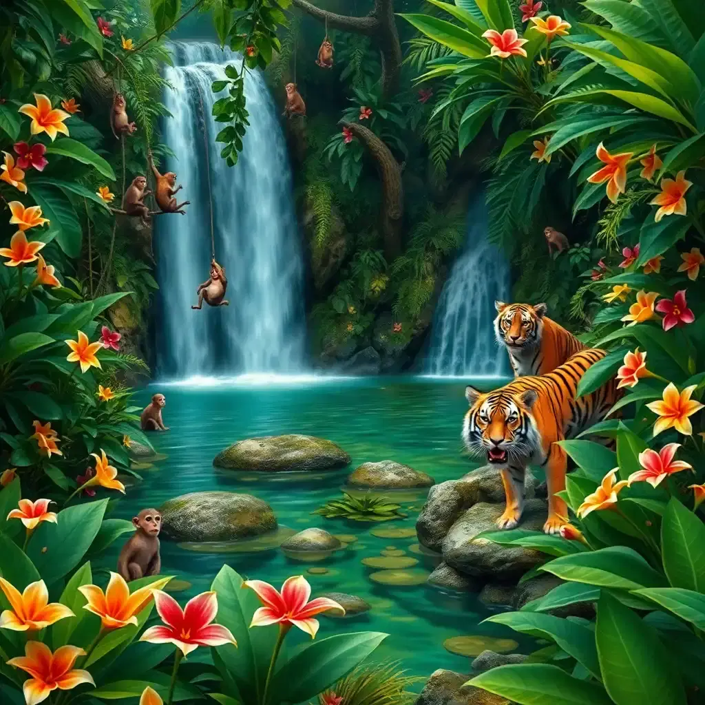 A hidden tropical paradise, where waterfalls cascade into natural pools surrounded by dense jungle. Exotic flowers bloom in every direction, their petals rich with vibrant hues. A family of playful monkeys swings from the vines while a lone tiger watches from the shade, its amber eyes gleaming. The air is thick with the songs of unseen creatures, and the entire scene feels like a glimpse into a lost Eden.