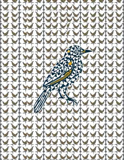 bird pattern design for t‑shirt, grid mosaic layout with tight uniform cells forming a cohesive whole, each cell containing a distinct fragment of the bird motif, vibrant graphic composition.