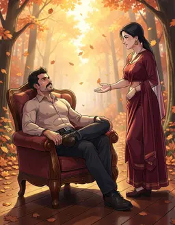 Tony, rendered in cinematic semi‑realistic anime style with sharp natural hair, expressive detailed eyes, refined facial features, and polished fabric textures, leans back in a luxurious upholstered chair while seated amid the eternal autumn woods—an endless forest of orange leaves drifting in golden light, cozy fantasy atmosphere blending with the dimly lit room’s polished wood floor; low‑angle three‑quarter view captures his relaxed posture and contemplative expression, emphasizing subtle skin pores, volumetric lighting, ambient occlusion, and controlled highlights that merge anime line definition with cinematic depth. Sunitha stands near the opposite side of the chair, her posture upright and her head turned slightly toward Tony, gently reaching out as if to comment on the scene, sharing the same volumetric lighting and ambient occlusion, fitting naturally into the same low‑angle three‑quarter composition.