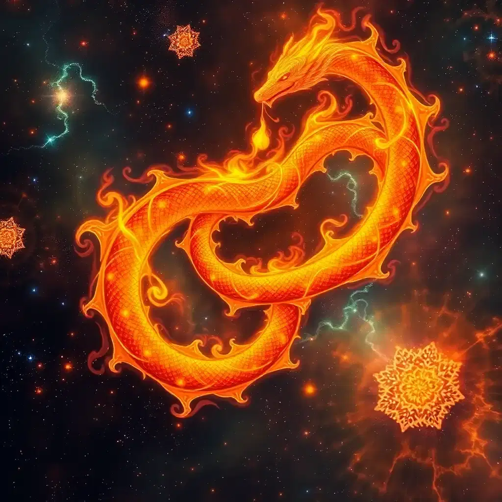 Amidst the kaleidoscopic expanse of a forgotten nebula, a mythical solar serpent coils in on itself in an elaborate dance of fire and elegance. Its scales glimmer with cosmic iridescence, casting kaleidoscope reflections that ripple across the vastness of space. As it spirals through the heavens, it weaves a rich tapestry of conflagrant hues, uniting the sacred warmth of the sun with the ancient mystery of the stars.