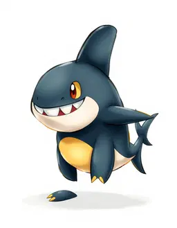A soft, hand-painted Pokemon creature illustration of a shark-like pokemon with a stubby rounded body on two short sturdy legs, a big head with a wide toothy grin, a tall fin on its back and a crescent-shaped tail fin, its body coloured jet black with gold accents. Rounded shapes, expressive anime eyes and appealing proportions with a slightly oversized head and a compact body; a silhouette that reads at a glance. Clean, thin, slightly organic pencil-like outlines. Familiar Pokemon design language: believable creature anatomy, simple colour blocking, elemental traits integrated naturally into the body, selective detail, clear personality. Soft colours, creamy highlights, gentle cel shading blended with painterly gradients, subtle watercolour and gouache texture on faint paper grain, matte softly illustrated surfaces. Show the full creature standing in a three-quarter pose, centred on a plain white background.