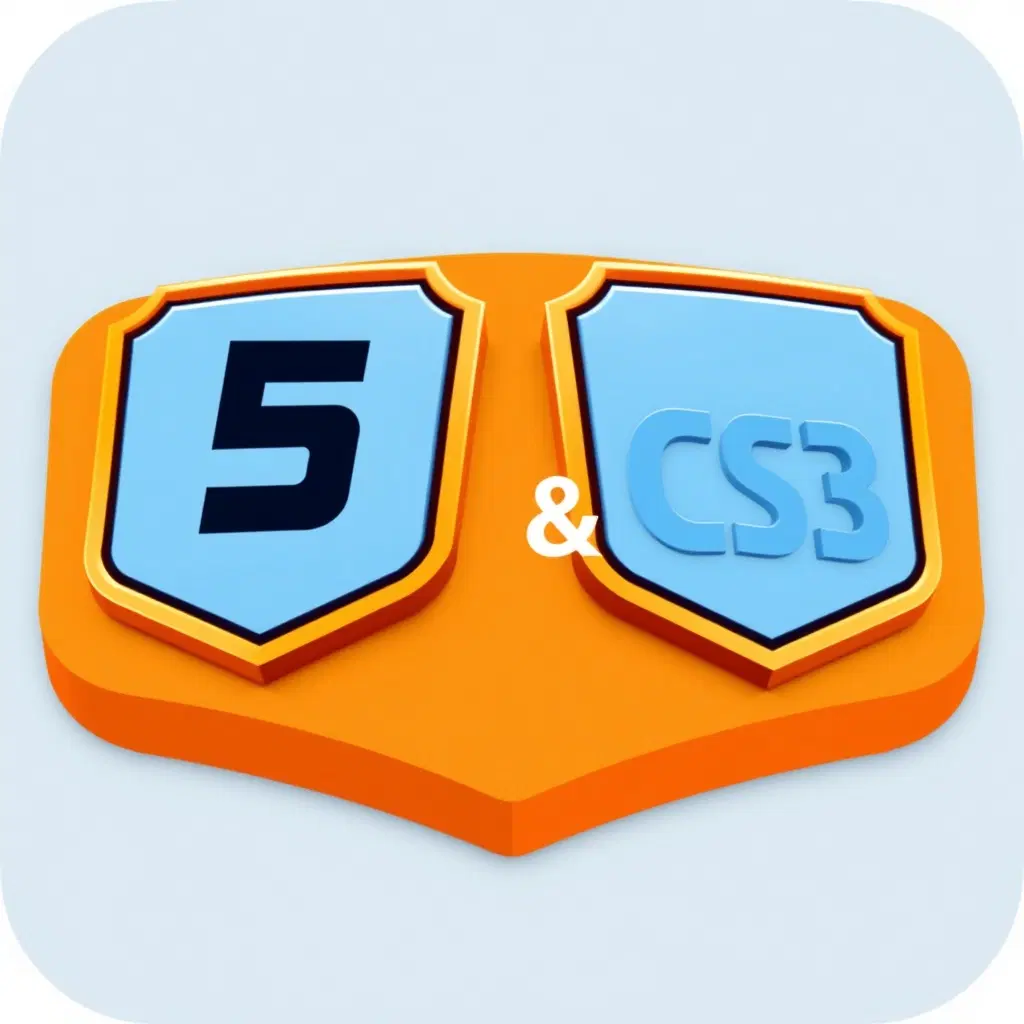 Logo for "HTML CSS" app, HTML5 and CSS3 shields, orange and blue, web design concept, code symbol, app icon, minimal