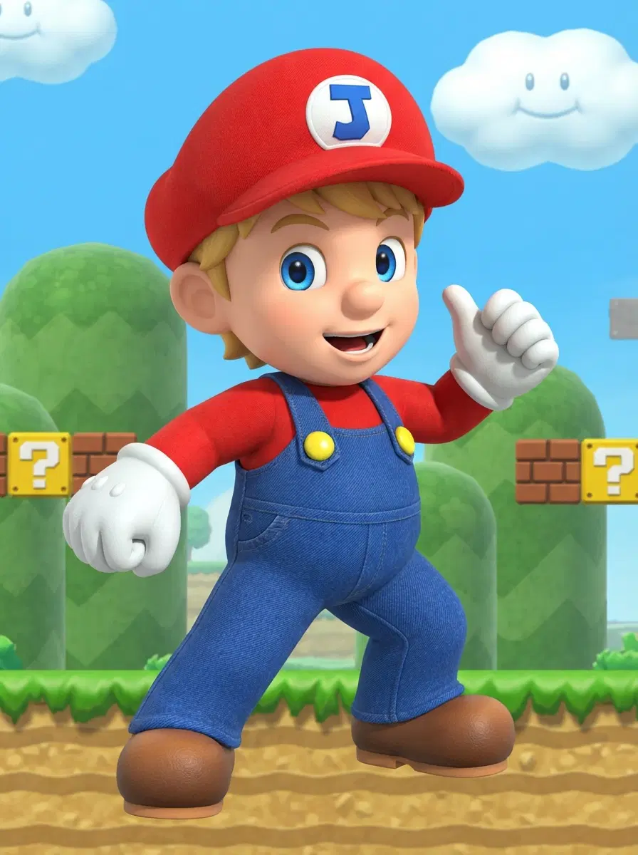 Can we have a picture of this boy in the animated style from the Wii game Super Mario Bros Wii? He should resemble the boy in the picture (same blue eyes, same blonde hair) but he should be animated in a super mario-style like a character. He should have the same overalls, same hat but with a "J" on it, same gloves, same shoes, but no moustache.