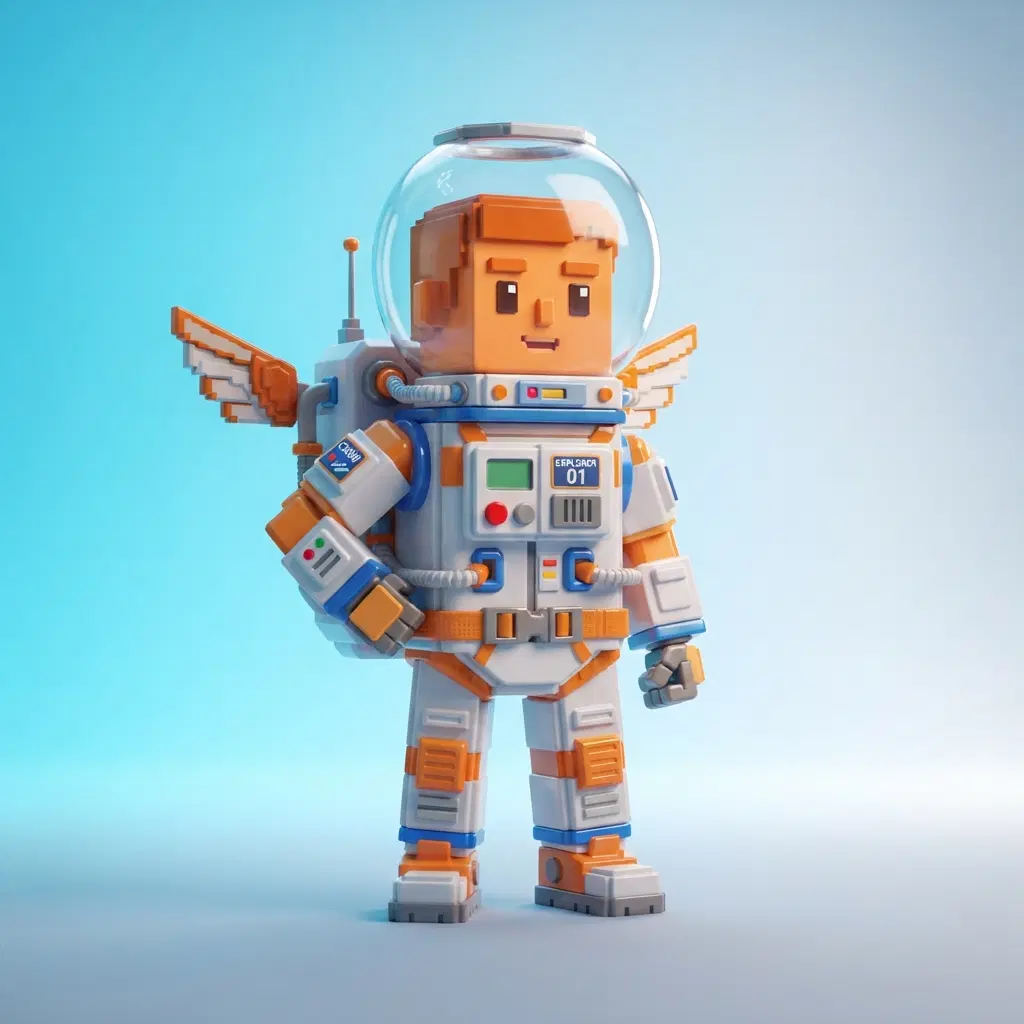 blocky 3D avatar character dressed as an astronaut, boxy limbs, flat orange skin, layered spacesuit with a backpack, fishbowl helmet pushed up, tiny wings accessory, glossy toy render, bright blue studio background
