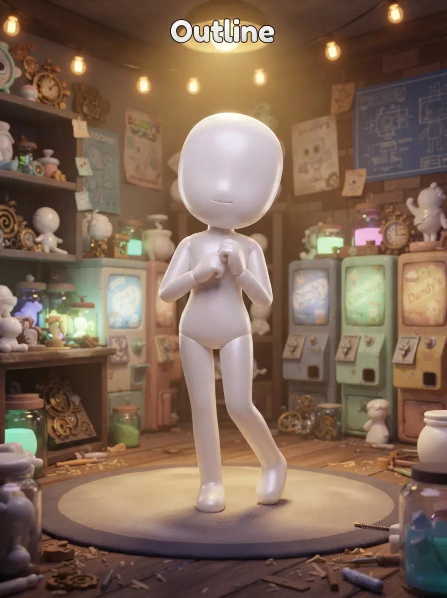 A blank porcelain outline waiting for its first shape, standing in Dandy's shop under dim golden light, in the style of Dandy's World, cute 3D toon render, pastel-but-eerie colors, whimsical vending-machine world, full-body character portrait, centered, relaxed lively stance. SFW, everyone fully clothed in modest attire. Crisp detail, sharp focus, rich lighting, highly detailed