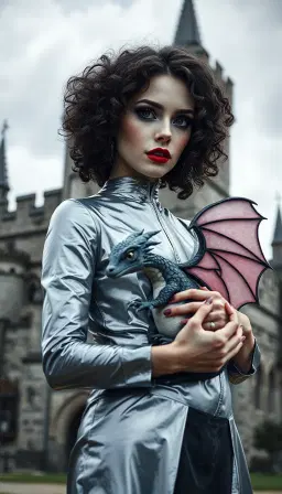 female gothic portrait with pale skin, curly hair, matte lipstick, dark eyeliner, wearing a silver chrome dress, cradling a fat cute baby dragon with pink‑chrome stained‑glass wing, standing before a towering stone castle, long exposure capture with sharp static forms and blurred motion streaks, ghosted temporal traces, clinical lighting, steel‑blue and graphite palette, geometric composition