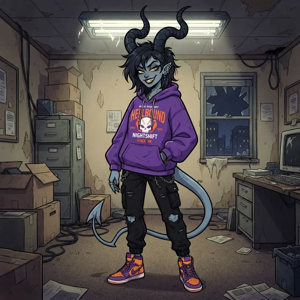cartoon grey-skinned demon woman, tall thin build, long curled horns, spade-tipped tail, sly grin with sharp teeth, purple streetwear hoodie and sneakers, run-down office with flickering lights behind her, thick bold outlines, flat colours, 2D adult cartoon style, full body