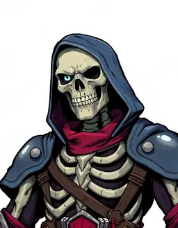 character portrait of male, Skeleton death knight, fully clothed, Serious undead skeleton, in the style of Dungeon Crawler Carl, faithful to its official art style, vivid saturated colors, head and shoulders, facing forward, plain flat white background