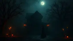 Dark Indian occult horror atmosphere, abandoned old village house at midnight, dense black fog slowly moving, dim moonlight, flickering oil lamps and candles on both sides, mysterious tantric ritual symbols on the ground, old trees moving in strong wind, distant shadowy figure barely visible, smoky red and blue lighting, terrifying cinematic atmosphere, slow camera push-in, subtle supernatural movement, realistic horror movie style, high detail, vertical 9:16, KEEP THE ENTIRE CENTER AREA DARK AND COMPLETELY EMPTY for text and character overlay, visual elements only on left and right edges, no person in the center, no text, no letters, no watermark