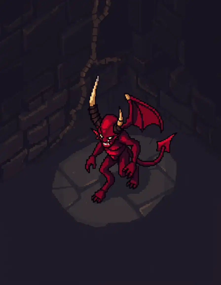 “32×32 pixel art, Diablo II style, small red demon, isometric angle, right foot forward, walking, dark fantasy dungeon lighting”