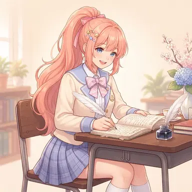 original visual novel style anime school girl, literature club member, peach ponytail with star pins, feather pen, digital illustration