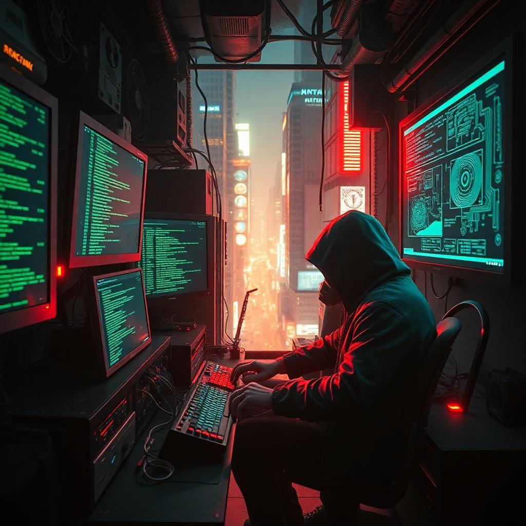 A cyberpunk hacker’s lair deep within the neon jungle of a futuristic city. The room is dimly lit by glowing monitors filled with lines of green code and schematics of corporate security networks. A masked figure sits hunched over a mechanical keyboard, fingers dancing across the keys as they breach a high-security firewall. Wires snake across the cluttered workspace, connecting to advanced decryption modules and stolen AI cores. The only sound is the quiet hum of cooling fans and the occasional burst of static from a nearby police scanner. Outside, the city pulses with life—neon lights flickering in the rain, shadowy figures exchanging illicit data on the streets below, and corporate enforcers searching for the faceless hacker responsible for the latest breach.