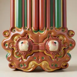 Symmetrical, psychedelic relief sculpture, glossy terracotta and ochre base with raised, bulbous forms and swirling organic patterns, two central stylized faces with large, pale, almond-shaped eyes and small black pupils, surrounded by concentric ridges and small green and yellow circular accents, vertical columns of smooth, glossy red, green, and gold tubes rising from the top, soft studio lighting, neutral beige background, shallow depth of field, 3D render, hyper-detailed, vibrant colors, Art Nouveau influence.