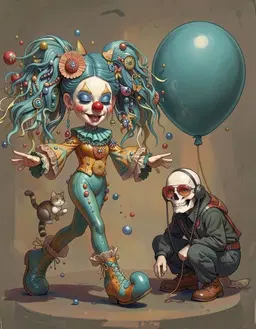 A bipedal clown figure with an oversized red spherical nose, elongated chin, and heavy blue eyeshadow over closed eyelids. Its voluminous turquoise hair is styled in two high pigtails adorned with floral ornaments, butterflies, beads, and metallic baubles, while floating spherical elements orbit its head and torso. The character wears an ornate costume of turquoise and ochre, with a bead‑studded bodice, lace‑trimmed sleeves, and oversized curved boots, and it carries a large teal balloon in its right hand and a small feline companion perched on its left boot. Pierrot Girl appears to the left of the clown, mid‑stride, arms extended as if greeting the scene. Skully stands on the right side, crouching low and glancing toward the teal balloon, its posture echoing the whimsical mood.