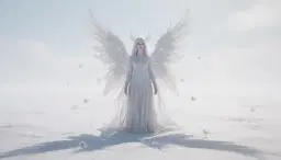 a mystical being merged with a female entity, set on a bright overexposed midsommar day, minimalist mood with stark white open space, crisp shadows, single unadorned lines, quiet simplicity, bare essentials, smooth surfaces, subtle pastel hues muted against crisp contrast, ethereal eyes, gentle form reduced to essential silhouette, lingering stillness.