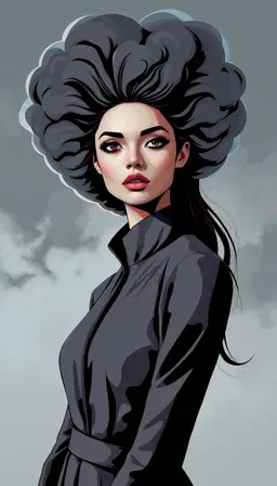 pop art style vibrant, bold outlines and flat saturated colors dominate a surreal fashion portrait of a female model with voluminous cloud‑like hair, pale skin, dark eye sockets, and a high‑collared garment. she stands centered in an abstract, misty space, framed in a medium close‑up, eye‑level view. the scene features diffuse ambient lighting softened by subtle backlight, with smoky haze swirling behind her. the composition uses graphic pop‑art brushstrokes, halftone textures, and a bright primary palette that contrasts the original cool greys, giving the image a lively, comic‑book feel while preserving the stoic pose and ethereal atmosphere.