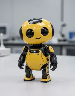 1. **Core Subject:** A small, endearing robot with a primarily yellow body, adorned with sleek black accents and details. The robot has large, shiny black eyes, a bright, cheerful yellow body with a slight sheen to suggest a smooth metallic surface, and black mechanical limbs that are jointed at the elbows and knees. The robot's design is compact and rounded, with a small, domed head and a body that resembles a miniature humanoid torso. A series of small, black vents or grills are visible on the robot's chest and back, adding to its mechanical appearance. 2. **Setting/Background:** A clean, neutral background that allows the robot to be the focal point. The surface beneath the robot is a light gray or white, suggesting a laboratory table or a sleek floor. The background is softly blurred, with minimal details to ensure the robot remains the main subject. 3. **Artistic Style:** Photorealistic. This style aims to create an image that is extremely detailed and realistic, mimicking the look of a high-quality photograph. The photorealistic style is characterized by its attention to detail, accurate lighting, and textures that closely resemble real-life materials. In this image, the photorealistic style will emphasize the metallic sheen of the robot's yellow and black surfaces, the reflections on its body, and the subtle play of light on its mechanical limbs. The brushwork or rendering technique used will be smooth and highly detailed, with an emphasis on precision and accuracy. The medium will appear photographic, with a high level of detail and realism. 4. **Composition & Lighting:** The robot will be positioned centrally in the frame, with a slight tilt of its head to one side to enhance its cute and curious appearance. The lighting will be soft and even, with a slight key light source positioned to one side to accentuate the robot's form and create a gentle shadow on the opposite side. The lighting will also highlight the metallic surfaces of the robot, creating subtle reflections and highlights that add to its photorealistic appearance. 5. **Color & Mood:** The primary colors will be yellow and black, with the robot's body being a bright, sunny yellow and the accents and details being a deep, rich black. The overall mood of the image will be cheerful and friendly, capturing the endearing and approachable nature of the robot. The color palette will be bold and vibrant, with a focus on accurately representing the colors and textures of the robot and its environment. 6. **Technical Keywords:** photorealistic, robot, yellow, black, metallic, shiny, cute, detailed, high-resolution, realistic lighting, accurate textures, mechanical, miniature, humanoid.