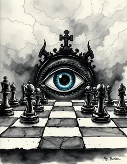 a surreal chessboard floating in a storm‑filled sky, gothic fantasy chess pieces surrounding a hauntingly beautiful eye, rendered in a fluid ink illustration with dense pigment, rapid‑setting crisp linework, high‑contrast silhouettes, sharp edges, and controlled watercolor washes that create subtle tonal gradations and micro‑feathering on textured paper; the composition preserves the eerie, unsettling atmosphere, distorted proportions, brutalist energy, and moody chiaroscuro lighting.