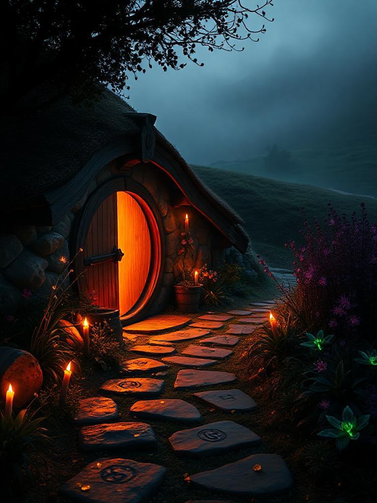 A cozy hobbit home snugly rests in a land filled with magic and wonder. Gentle candlelight creates a warm, golden glow from flickering flames that shine through its round, inviting door. This soft light highlights the home, with shadows dancing softly with the flame's movement. Path stones shimmer faintly with ancient runes, kissed by this warm light, and gradually fade into the darkness beyond. Fireflies flutter like tiny sparks among the flowers, enhancing the scene's living character. A gentle fog rolls over the hills, while the reddish-orange candlelight adds a touch of romance and mystery. Unique plants in deep violet and emerald line the path, releasing glowing spores into the darkness, bringing out the rich textures of the rustic surroundings. Shadows weave among the plants and along the path, encouraging a sense of closeness and quiet reflection, inviting you to discover the hidden tales of this enchanted Hobbiton world.