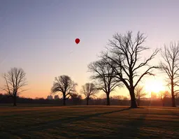 A quiet, dreamy winter sunset settles over a grassy urban community park, the low sun casting the sky in soft gradients of blush pink, lavender, and burnt orange, fading into cool dusky blue at the edges. A single red balloon drifts slowly into the distance, small against the vast sky, trailing a thin ribbon that catches the last light. The park below is open and gently rolling, its grass touched with frost or a faint dusting of snow. Large trees are scattered across the landscape — bare-branched or softly silhouetted, some catching the warm glow of the setting sun along their edges. Long shadows stretch across the ground. The air feels crisp and still, with a faint golden haze softening the distant tree line and skyline beyond the park. The mood is quiet, wistful, and tender — a fleeting, cinematic moment of stillness and gentle melancholy, rendered with soft focus and warm-cool color contrast.