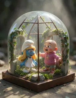 Smurfette and NNN-BeBe stand inside a rustic miniature glass dome diorama, viewed isometrically. The scene is a post‑apocalyptic overgrown greenhouse with tiny crumbling concrete structures reclaimed by ivy and lush green moss, and minute rusty metal details. Micro water droplets cling to the inner glass as realistic sunlight beams cut through dusty air, illuminating the characters. Both figures are positioned within the glass dome, sharing the soft light and mist, their poses natural and inquisitive as they explore the miniature environment. The hand‑crafted model look is emphasized with shallow depth of field, ultra‑detailed textures, and a dreamy, atmospheric mood.