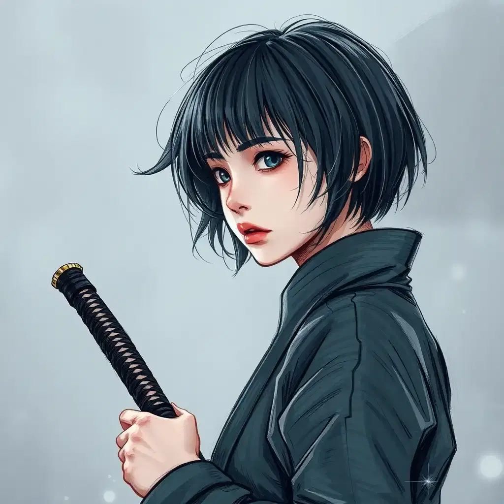 painterly holographic sketch illustration, nose, lips, perspective, depth of field, blurry background, 1girl, holding katana, facing to the side, expressionless, dynamic pose, textured clothes, textured background, textured skin, textured foreground, floating hair, short hair, suspended in mid-air, rendered at an unparalleled level, an awe-inspiring and breathtaking masterpiece, with stunning, photorealistic quality.