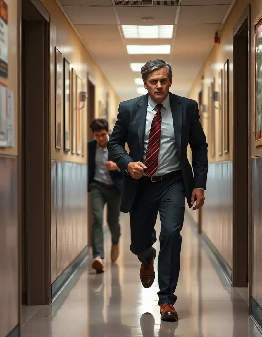 a teacher, white, tan, male, black hair, 30 yo french well dressed chic haircut looking mad, angry seems older withe a darker skin, chubby chasing a student in the hallway the student is skinny, male, black hairand runs for his life e can see both of them in the image