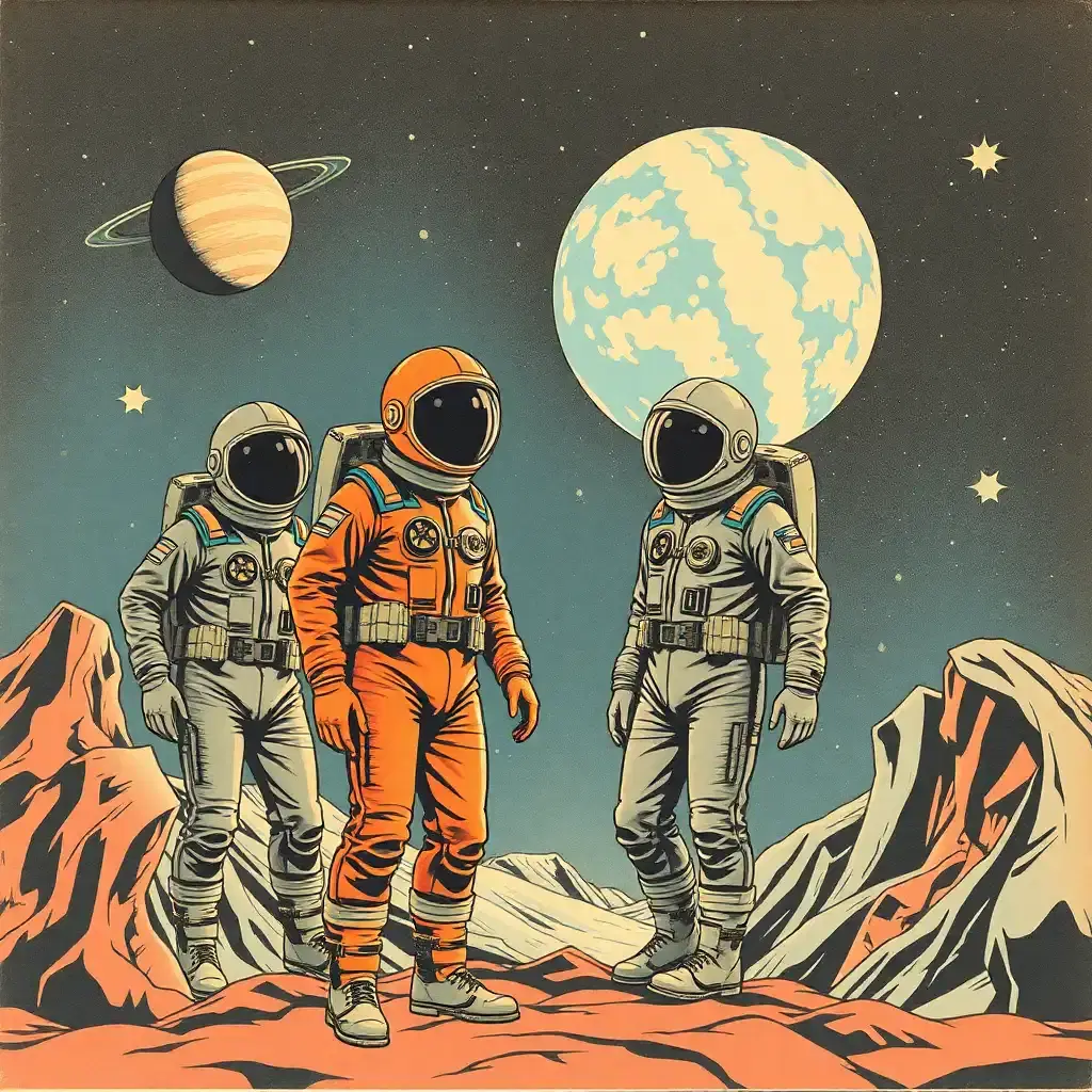Craft a retro-futuristic collage where the vintage aesthetic meets the limitless cosmos. Picture human figures drawn in pop art style, clad in retro space suits, their actions frozen like pages in a comic book coming to life, evoking a sense of nostalgia for a future that might have been.