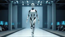 A female humanoid robot striding down the runway.
A smooth, seamless surface. A flexible, translucent material. An elegant and sophisticated design with beautiful curves. Blue-white, elegantly gleaming electronic circuitry.
She has a dignified presence. An elegant and mature atmosphere.
full body, soft lighting, balanced composition.