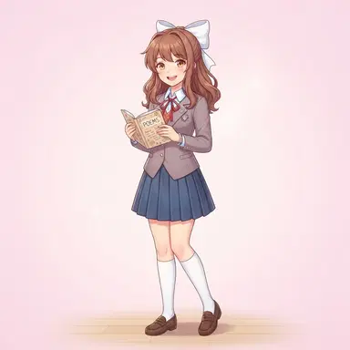 original visual novel style anime school girl, literature club member, brown hair with white bow, pastel uniform, poetry notebook, digital illustration