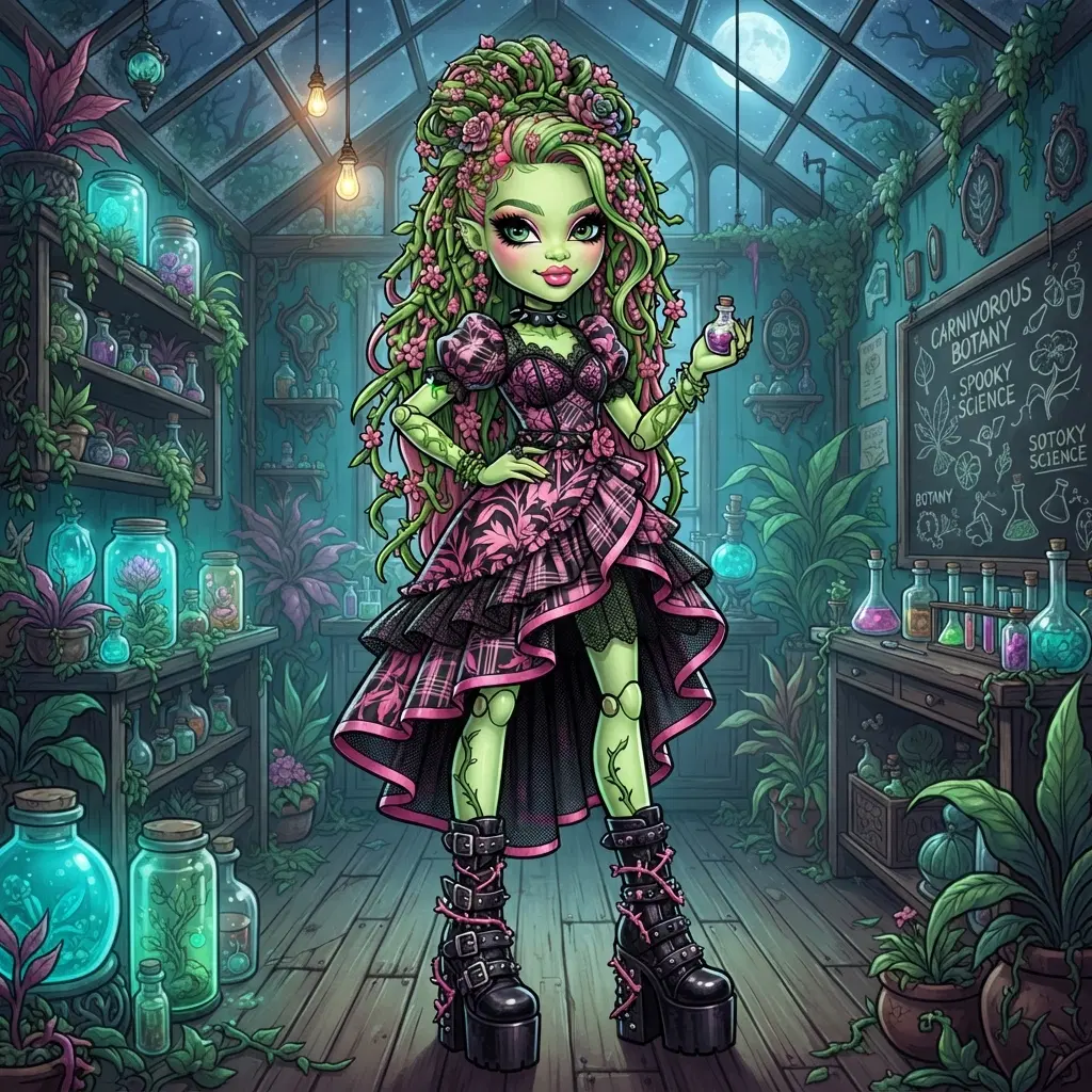 fashion doll style teen girl plant monster, very tall slim doll proportions, light green skin, leaf and vine hair with pink blossoms, bold makeup, black and pink patterned dress, chunky platform boots, spooky greenhouse classroom, pink black and teal palette