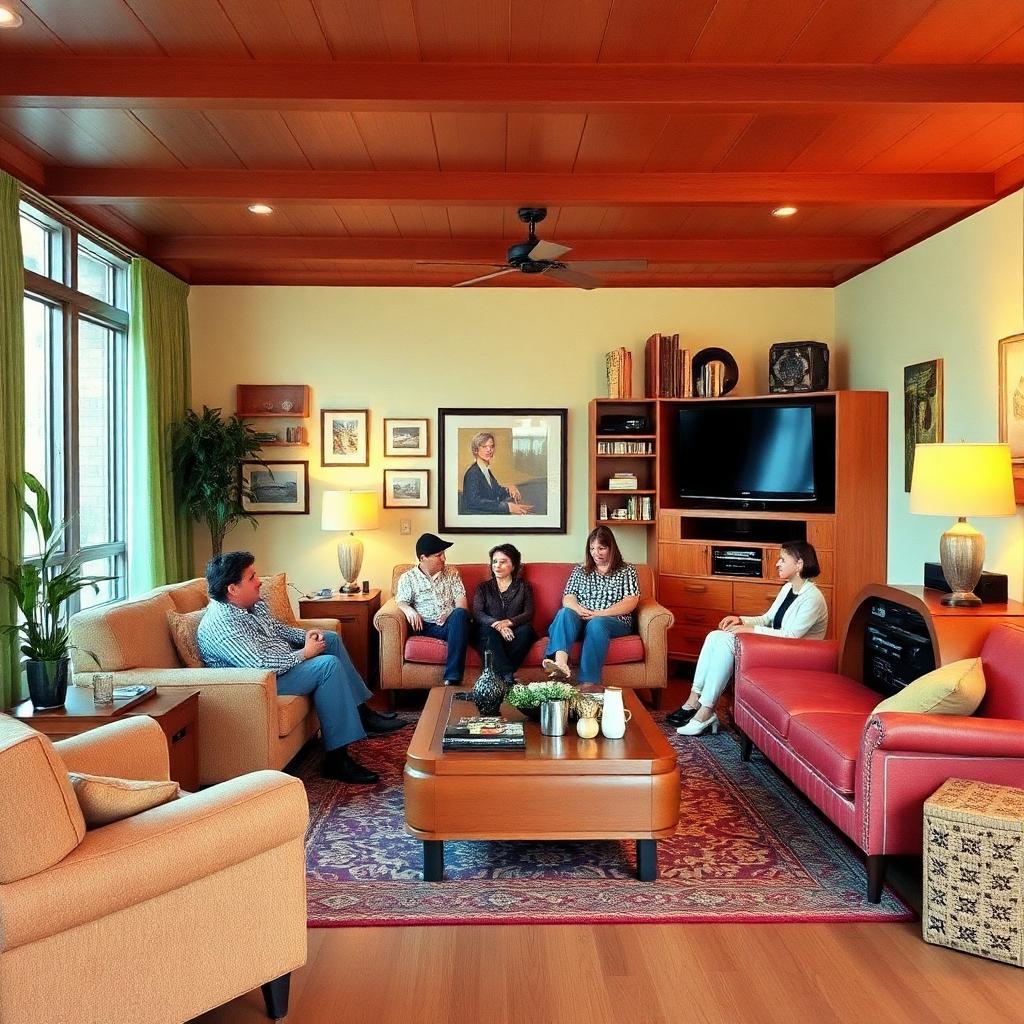 living-room 70's style with people