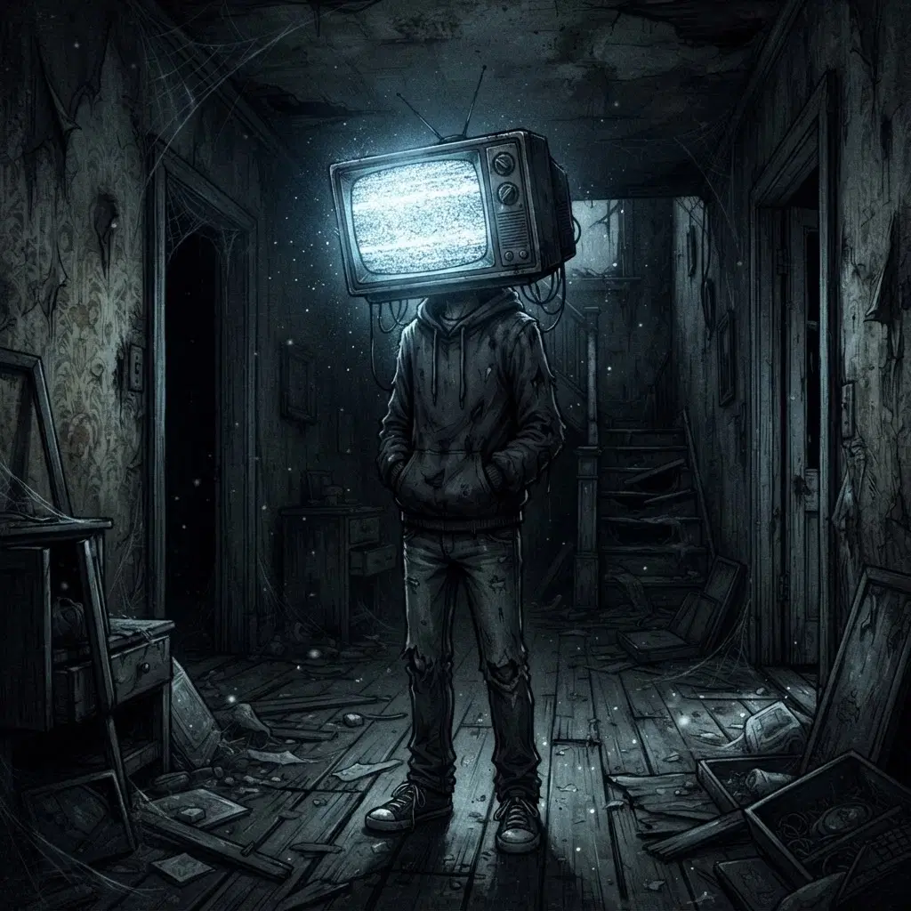 Creepypasta style OC, boy with old TV static screen for a head, flickering glow, abandoned house, eerie digital art, no gore