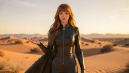 fourth wing sarah. An open desert at golden hour. fourth wing sarah is holding a hand out flat, palm up. A single whole figure, face in view, clear of everything else in the frame.