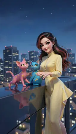 polka dot cat pair‑fa leaps lightly onto the sleek, glossy rooftop, its paws barely stirring the polished surface as it gazes up with intent, while a second identical cat curls beside it, both eyes fixed on coco’s inviting lap; coco, the elongate‑necked anthropomorphic woman with heterochromatic irises, dark hair streaked with reddish‑brown highlights, heavy eyeliner, arched brows, and glossy lips, leans against the railing, her pale yellow high‑collared garment fluttering gently, and she opens her arms, offering a warm, watercolor‑soft smile as the two cats prepare to settle on her lap under the cool, immaculate city lights.